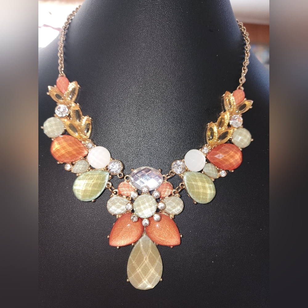 Stunning Multi-Color Statement Necklace with Rhinestones & Gold-Tone Accents